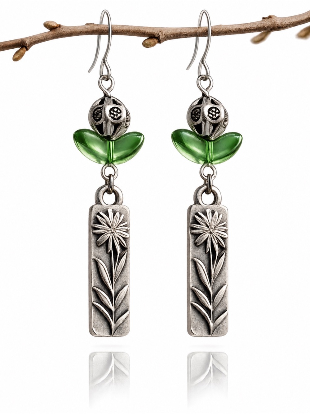Green Glass Floral Dangle Earrings Silver Tone Botanical Boho Artisan